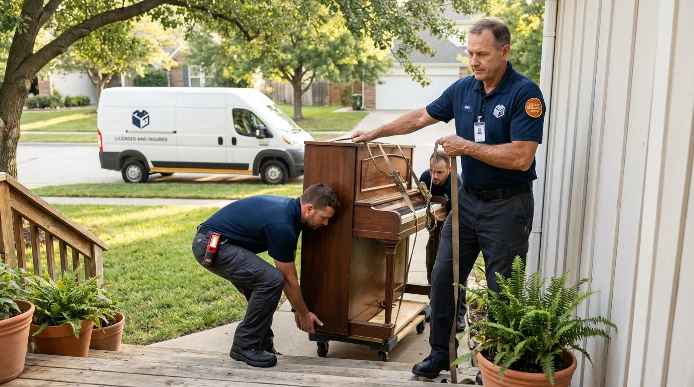 Licensed piano movers securing grand piano in Triangle, VA