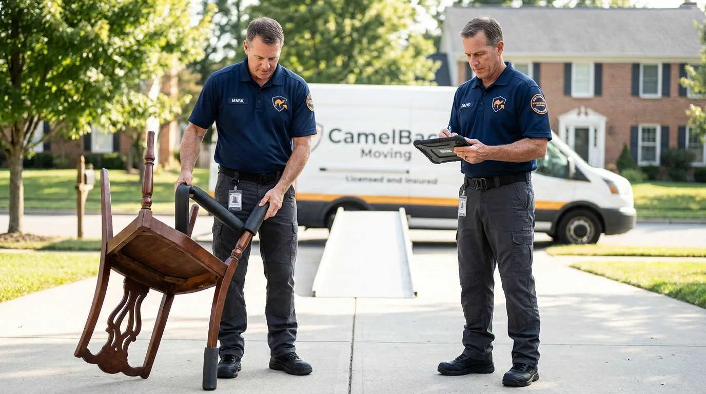 Movers inspecting furniture for damage prevention before loading in Triangle, VA