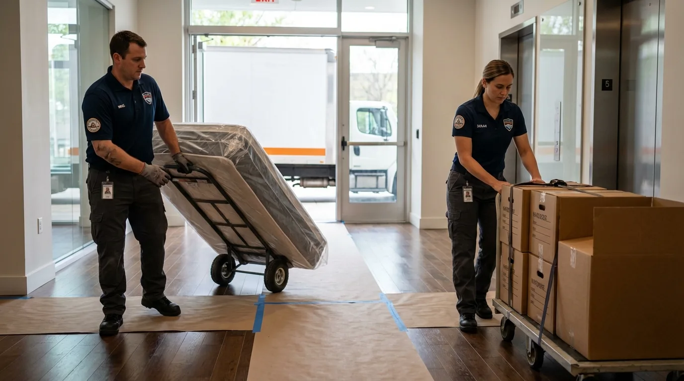 Professional apartment movers loading elevator in Triangle, VA