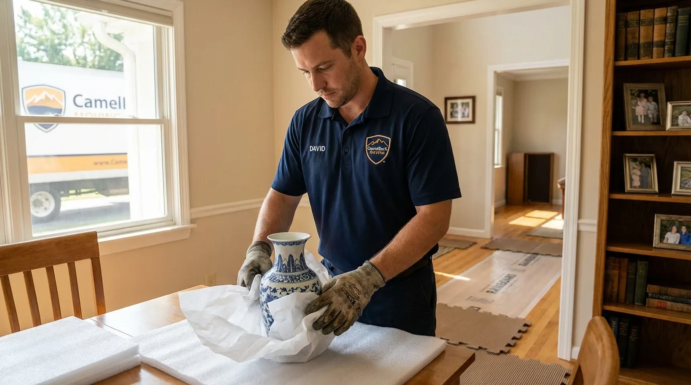Professional crew carefully wrapping antique vase for senior downsizing move in Triangle, VA